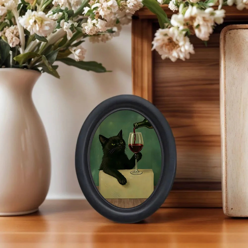 cadre photo ovale chat noir vin classique décoration murale maison cuisine erotique suspension bois
