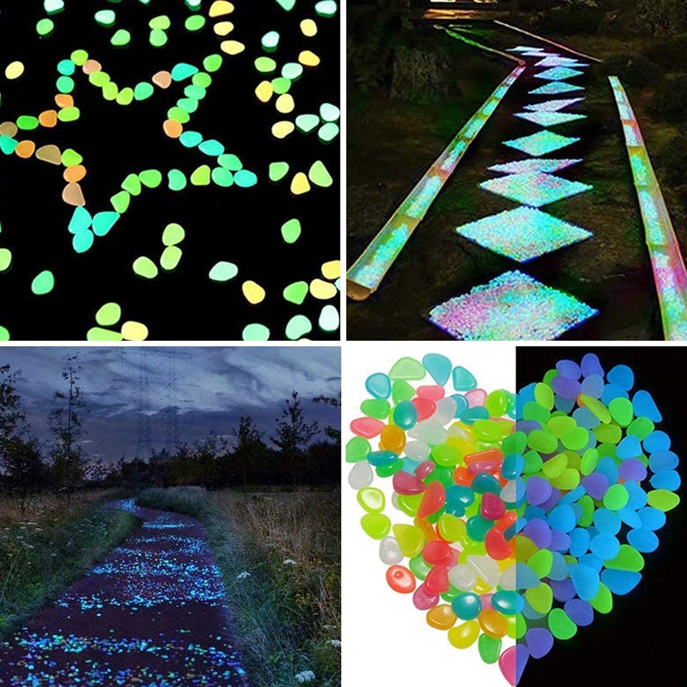 pierres fluorescentes bleu vert jaune rose modernes lisses jardin patio décor lumineux