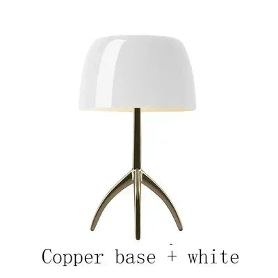 lampe table moderne blanc orange rouge pied métal base cuivrée led chambre salon