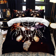 housse couette motif dreamcatcher noir blanche marron plumes animaux bohème ethnique artistique