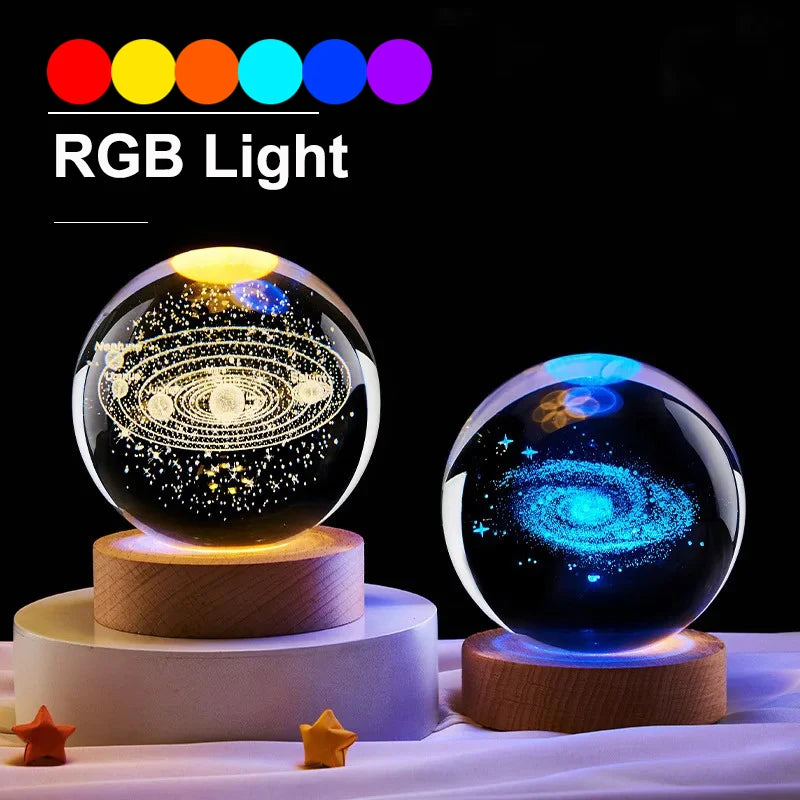 veilleuse boule cristal système solaire galaxie lune lumière rgb décoration
