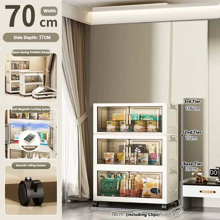 meuble rangement modulable blanc roulettes portes transparentes rayures verticales modernes