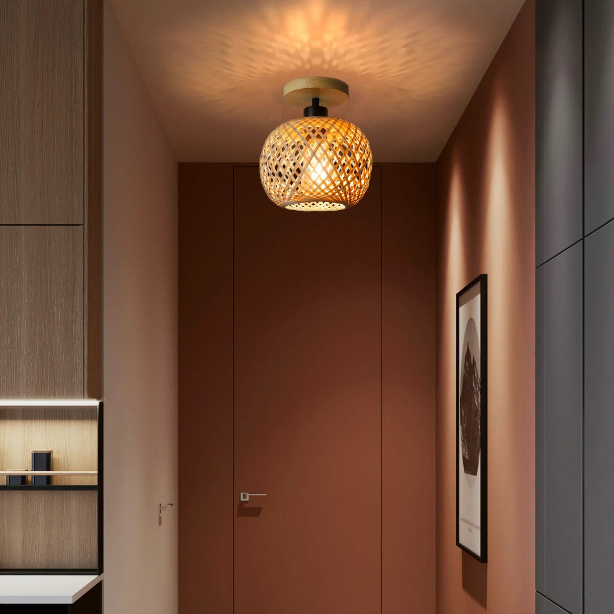 lampe suspendue tissage bambou moderne rustique naturel noir étain E26 E27
