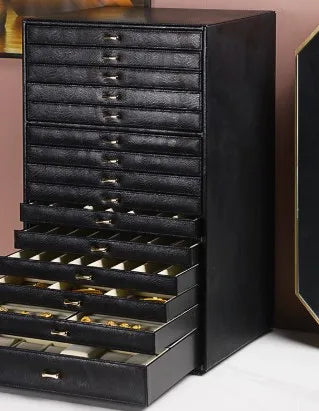 coffret bijoux moderne simili cuir noir blanc vert compartiments poignées dorées stockage sécurité