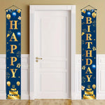 bannières fête anniversaire bleu marine doré lettres joyeux birthday confettis ballons étoiles gâteau doré