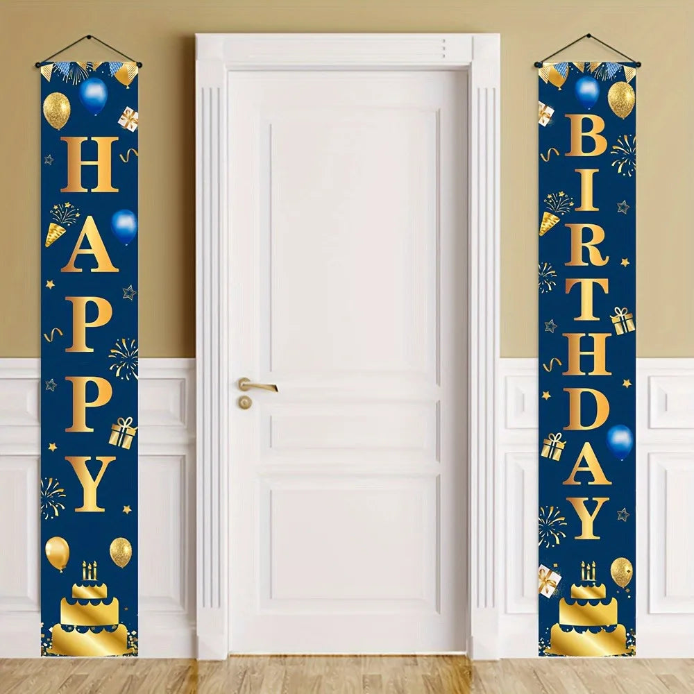 bannières fête anniversaire bleu marine doré lettres joyeux birthday confettis ballons étoiles gâteau doré