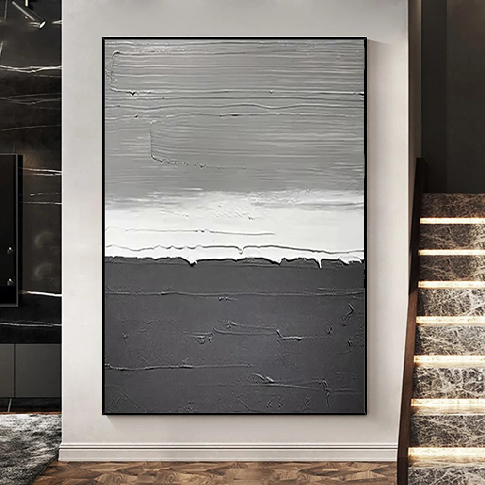 tableau abstrait moderne toile gris blanc noir texture ligne horizontale minimaliste