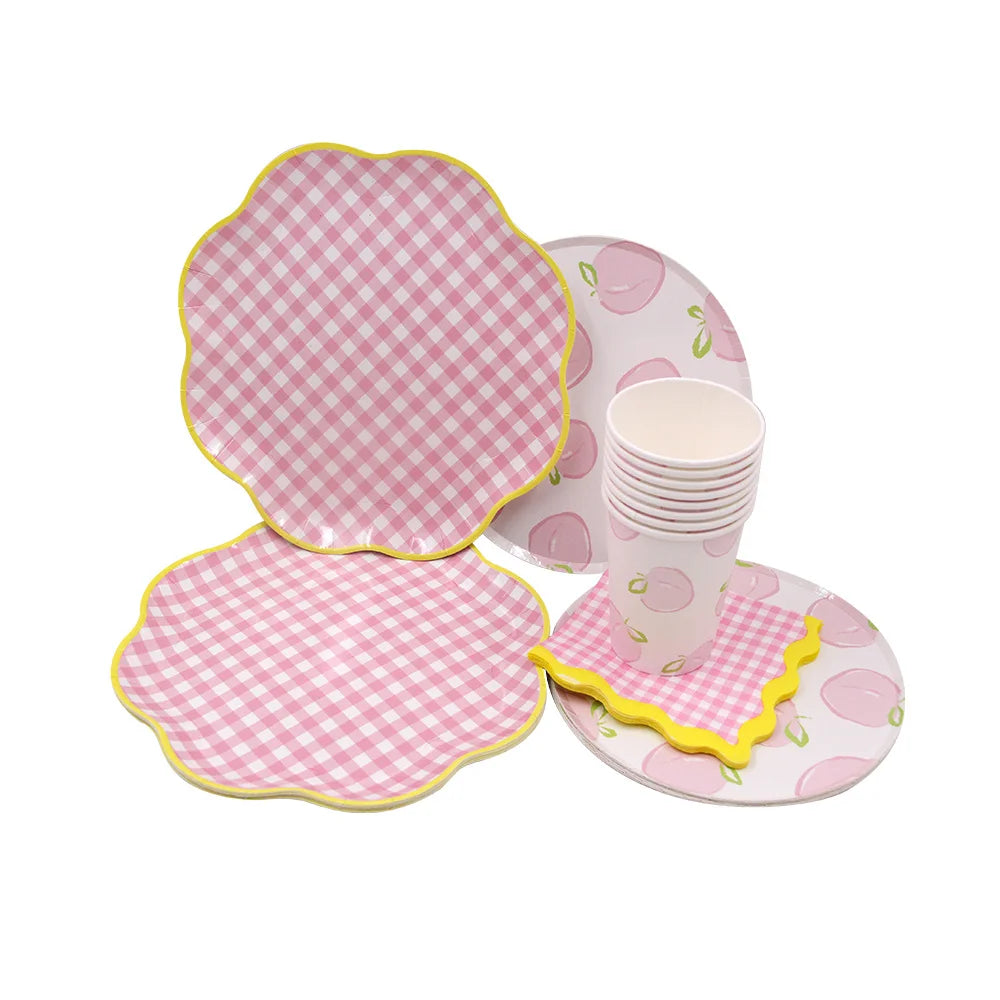serviettes papier festives carreaux fruits pommes poires anniversaire mariage printemps orange rose