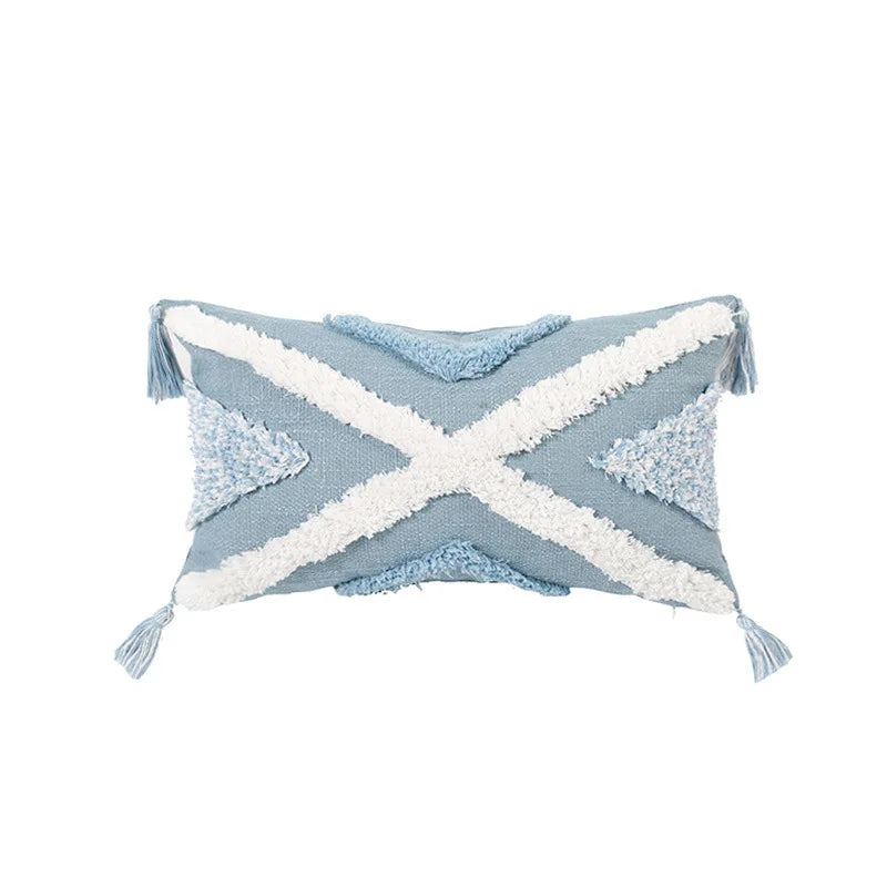 coussin decoratif bleu blanc motif geometrique moderne boho chic amovible lavable tassel adhésif coton
