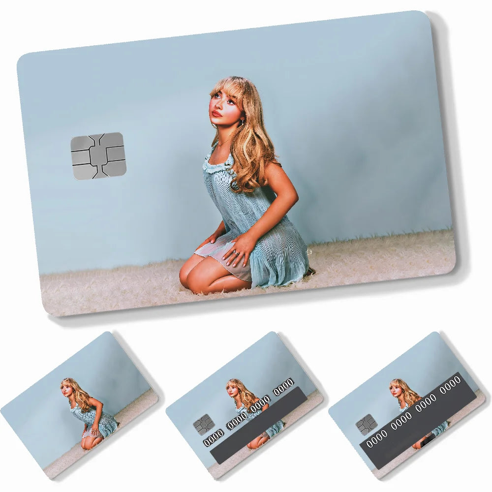 autocollants carte crédit sabrina carpenter adhésifs personnalisables moderne bleu clair noir doré imprimé maillot
