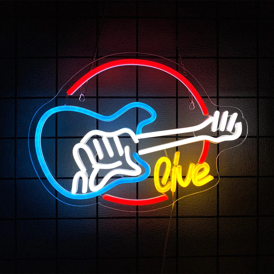 néon lumineux guitare rock roll live music couleur rouge bleu jaune blanc fixations