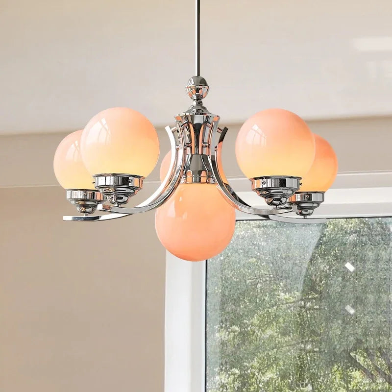 lustre moderne chrome sphères translucides suspension câble led têtes têtes orange