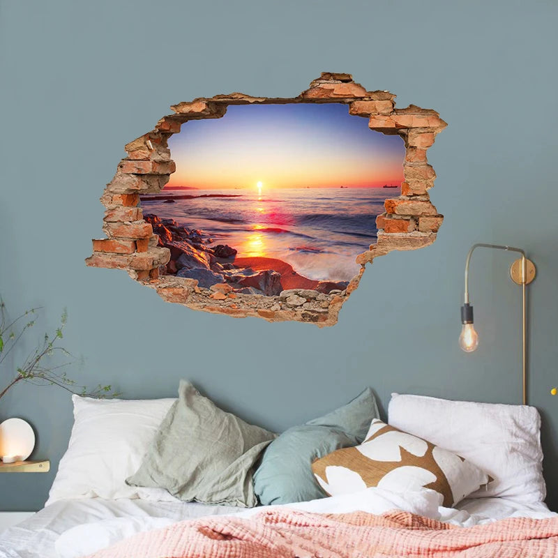 sticker mural 3d scène naturelle illusion optique adhésif multicolore coucher soleil océan planètes enfants