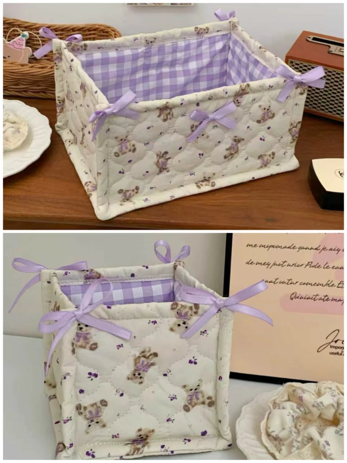 panier rangement tissu vichy animal fleuri blanc rose violet doux texturé