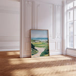 tableau paysage marin dunes vagues plante verte bleu beige blanc peinture huile cadre bois