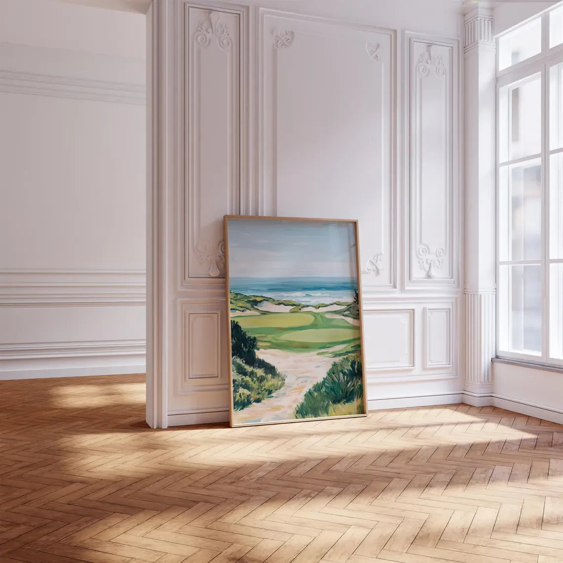 tableau paysage marin dunes vagues plante verte bleu beige blanc peinture huile cadre bois