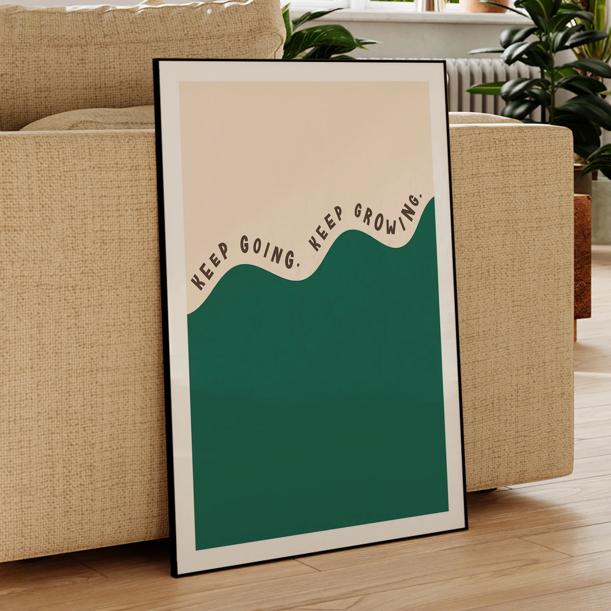 affiche graphique minimaliste beige vert keep going cadre métal salon chambre enfants decoration maison