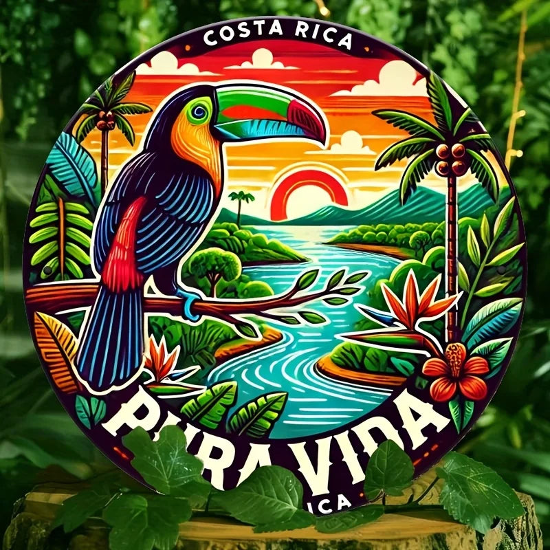 plaque métallique ronde illustration toucan paysage tropical coucher soleil fleurs exotiques multicolore rouge jaune