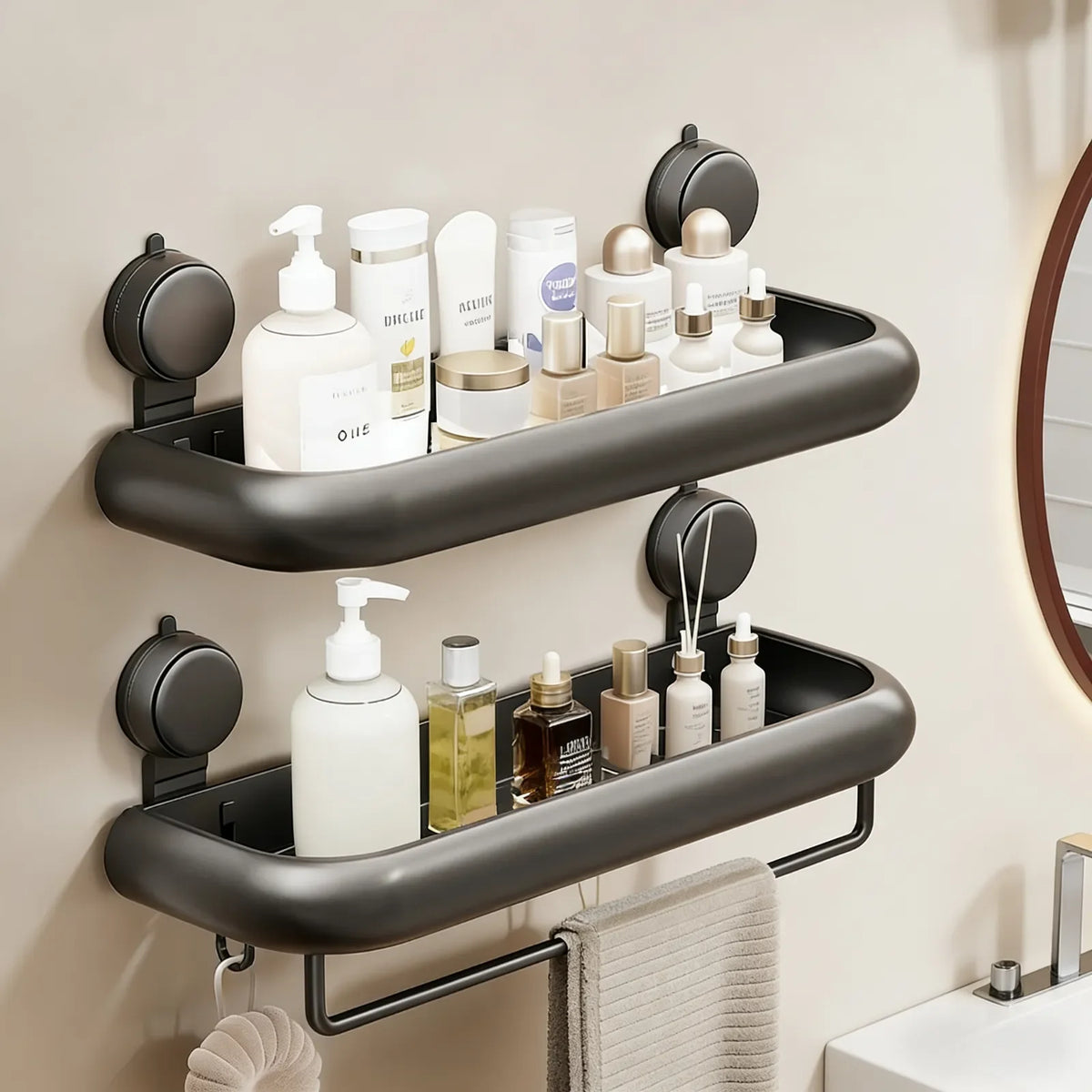 étagère murale salle bain ventouse poignées succion alliage aluminium laqué noir mat moderne organisation