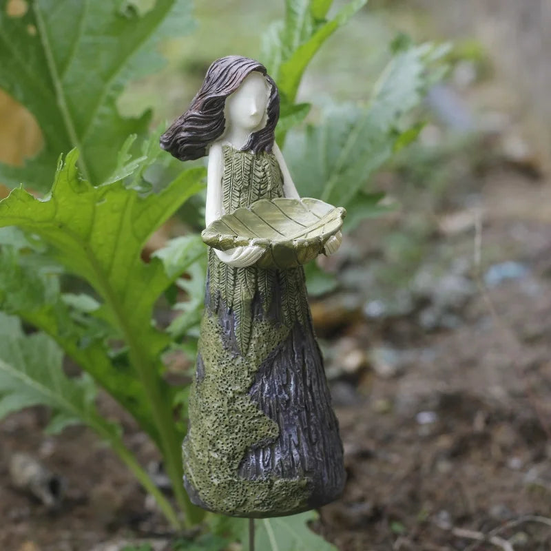 statue jardin oiseaux femme robe écorce feuilles naturelle artisanale résineextérieur minimalisteDecorationPelouseCour