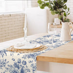chemin table lin fleurs bleues toile jouy decoration maison beige opaque