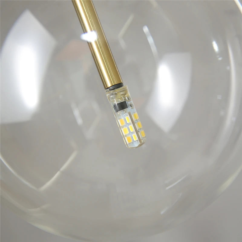 suspension lumineuse transparente moderne sphères verre chromé chambre salon pendentif led interrupteur bouton