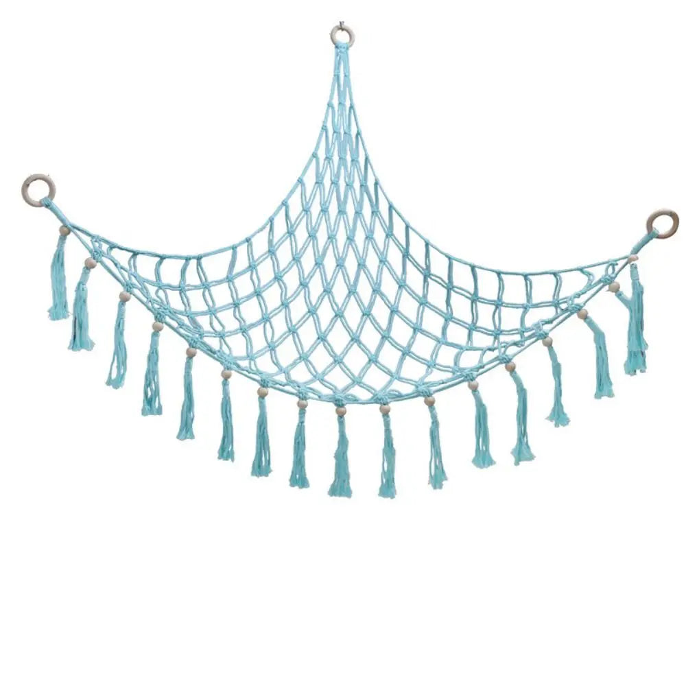 filet suspendu rose blanc maille régulière franges anneaux métalliques réutilisable créatif artisanal