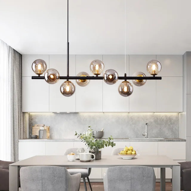 suspension luminaire moderne boule verre blanc translucide salon cuisine salle manger led noir