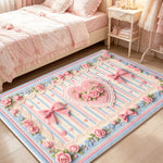 tapis rose romantique lolita rubans roses coeurs dentelle salon chambre 140x200cm polyester