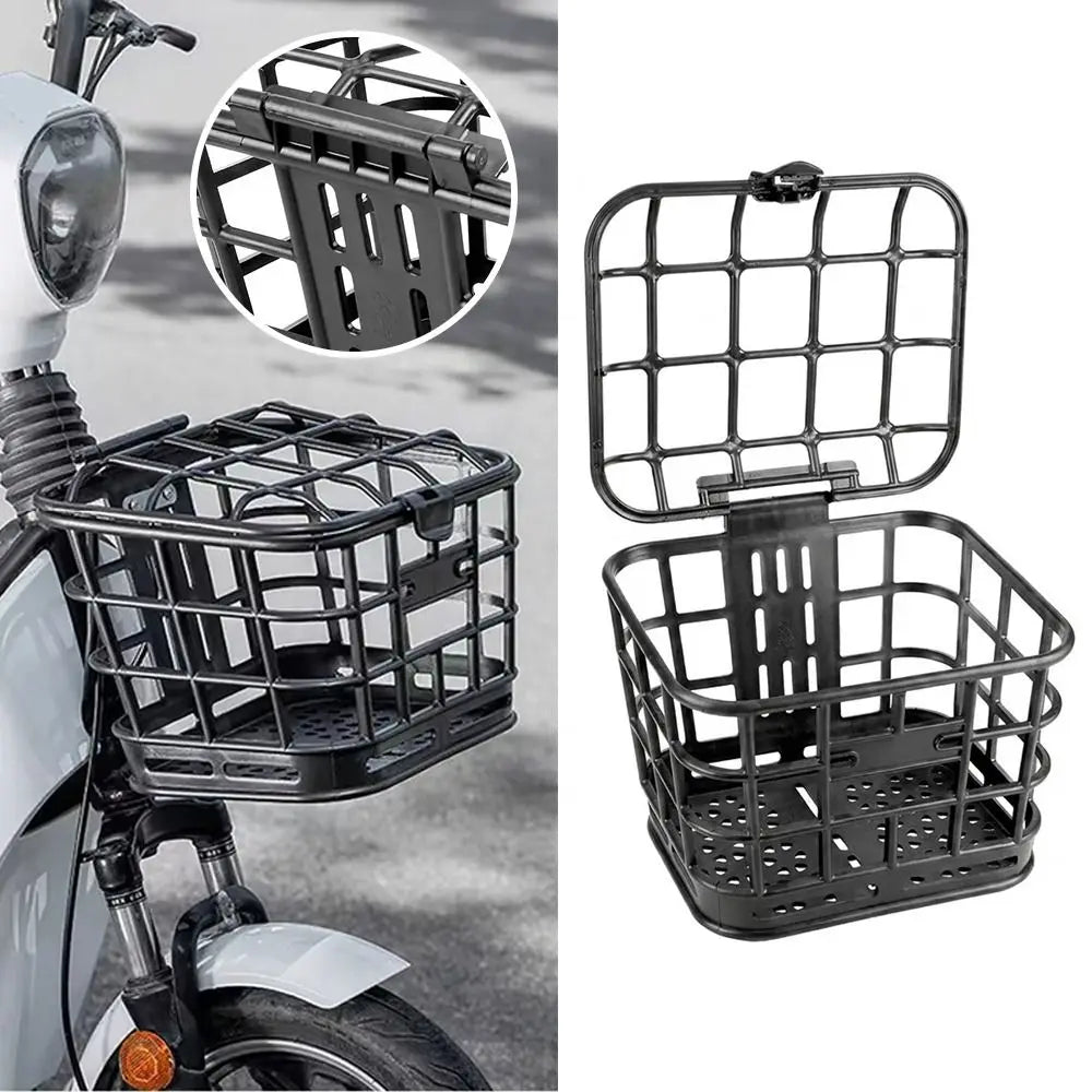 panier avant vélo noir sac guidon couvercle plastique moderne utilitaire fixations métalliques aérée grille