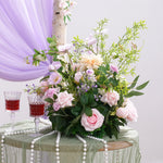 arche décorative mariage violet clair fleurs artificielles romantique roses dahlias eucalyptus guirlande bouquet