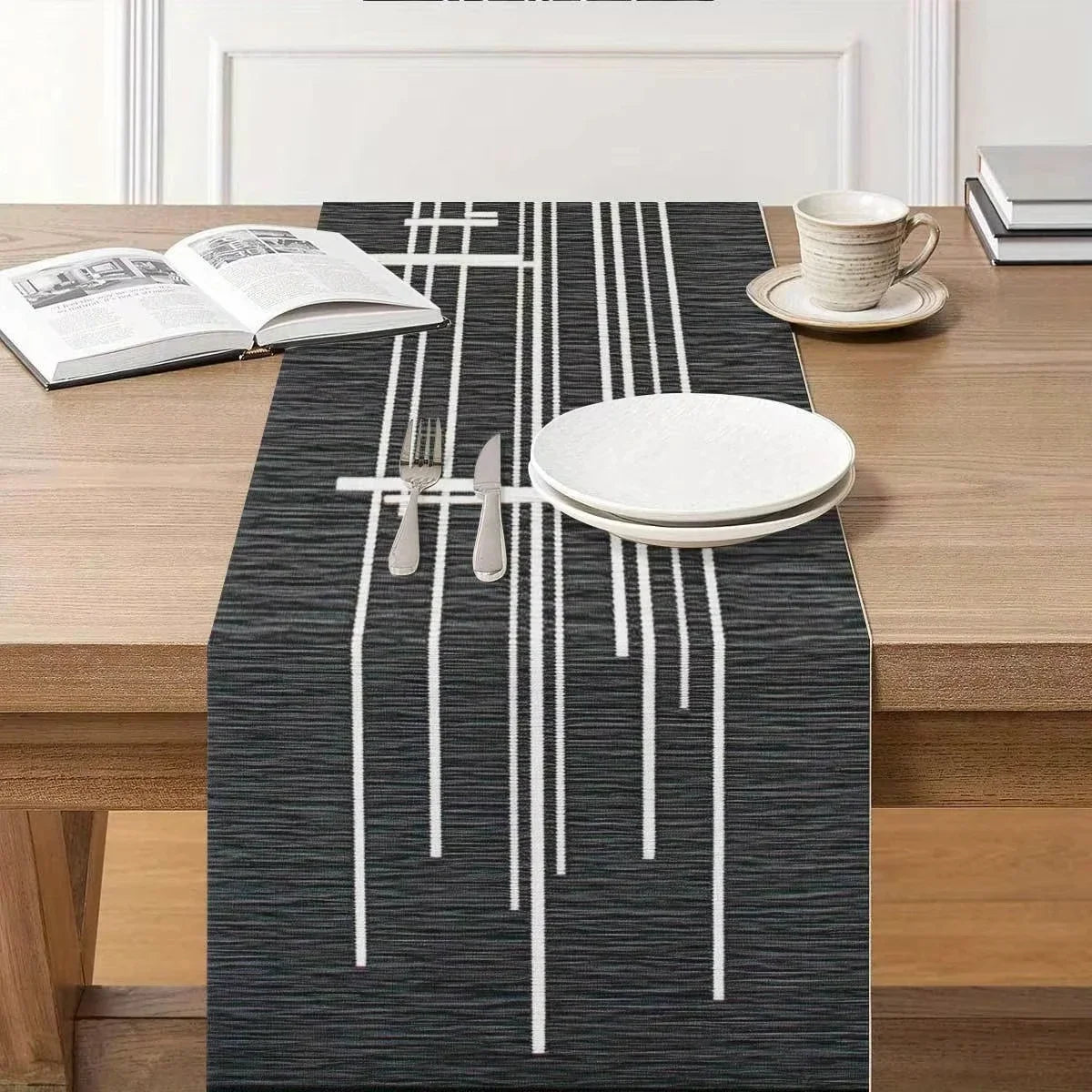 tableau géométrique moderne noir blanc motif lignes abstrait imperméable polyestre décoration événement