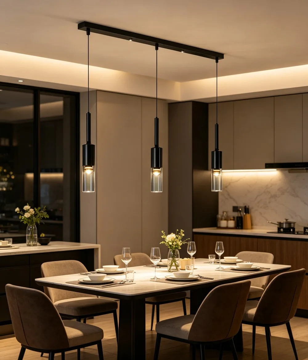 suspension lumineuse moderne minimaliste noir argenté transparent cylindrique ajustable 150cm 42cm