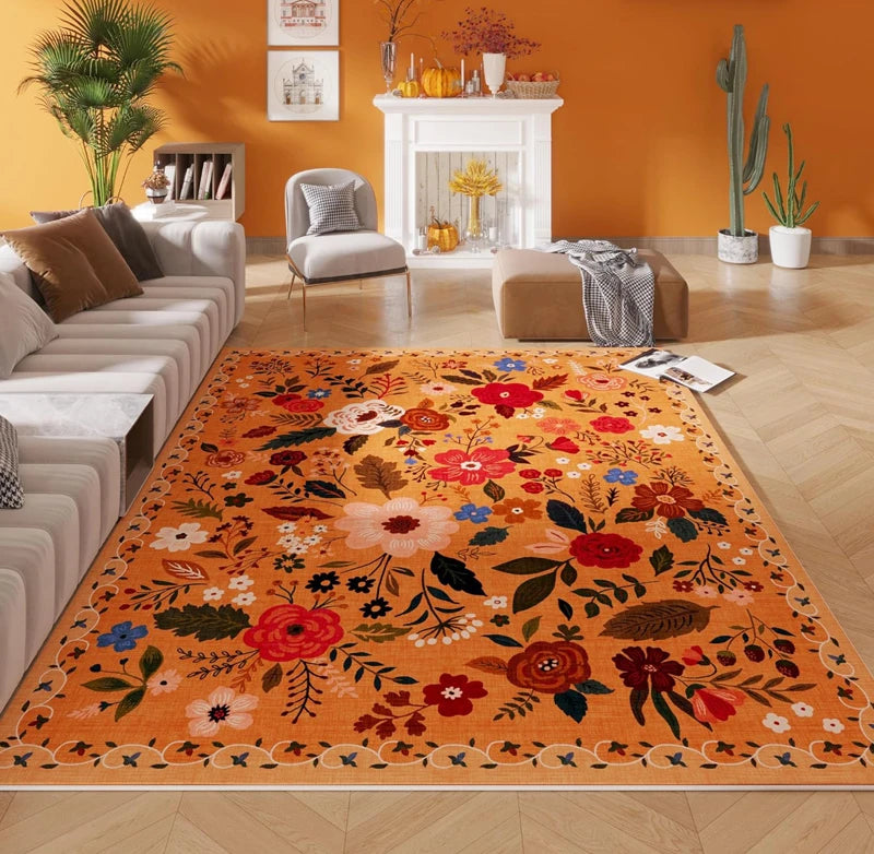 tapis moderne floral noir rose orange salon chambre antidérapant lavable polyester geometrique
