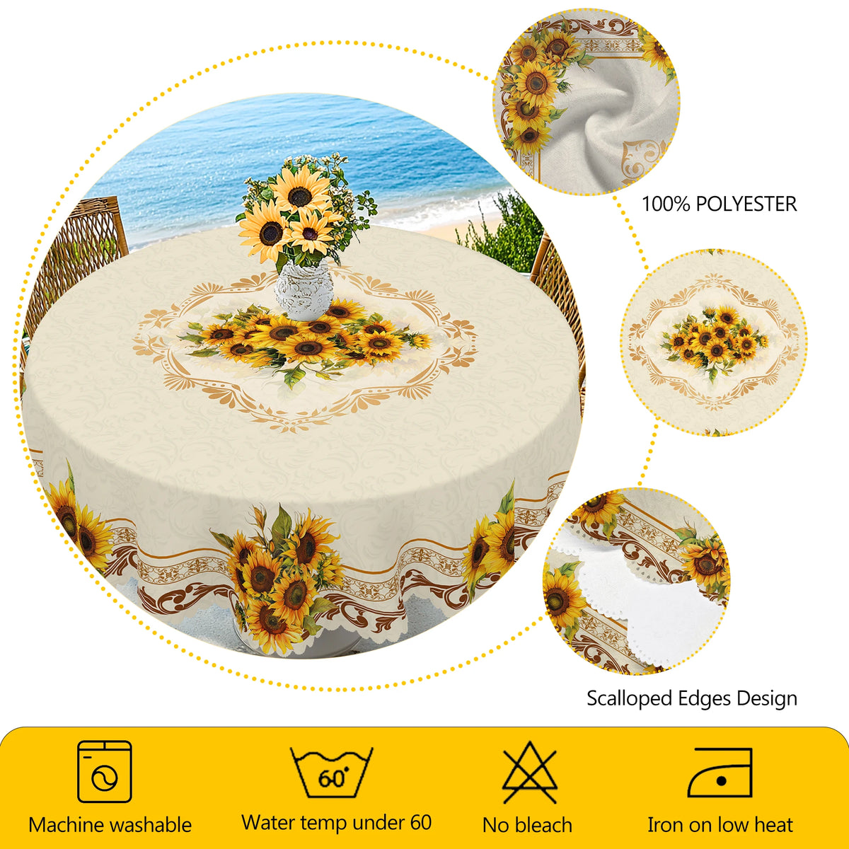 nappe fleur tournesol beige jaune serviettes inclusion extérieur mariage fête rustic classique imperméable