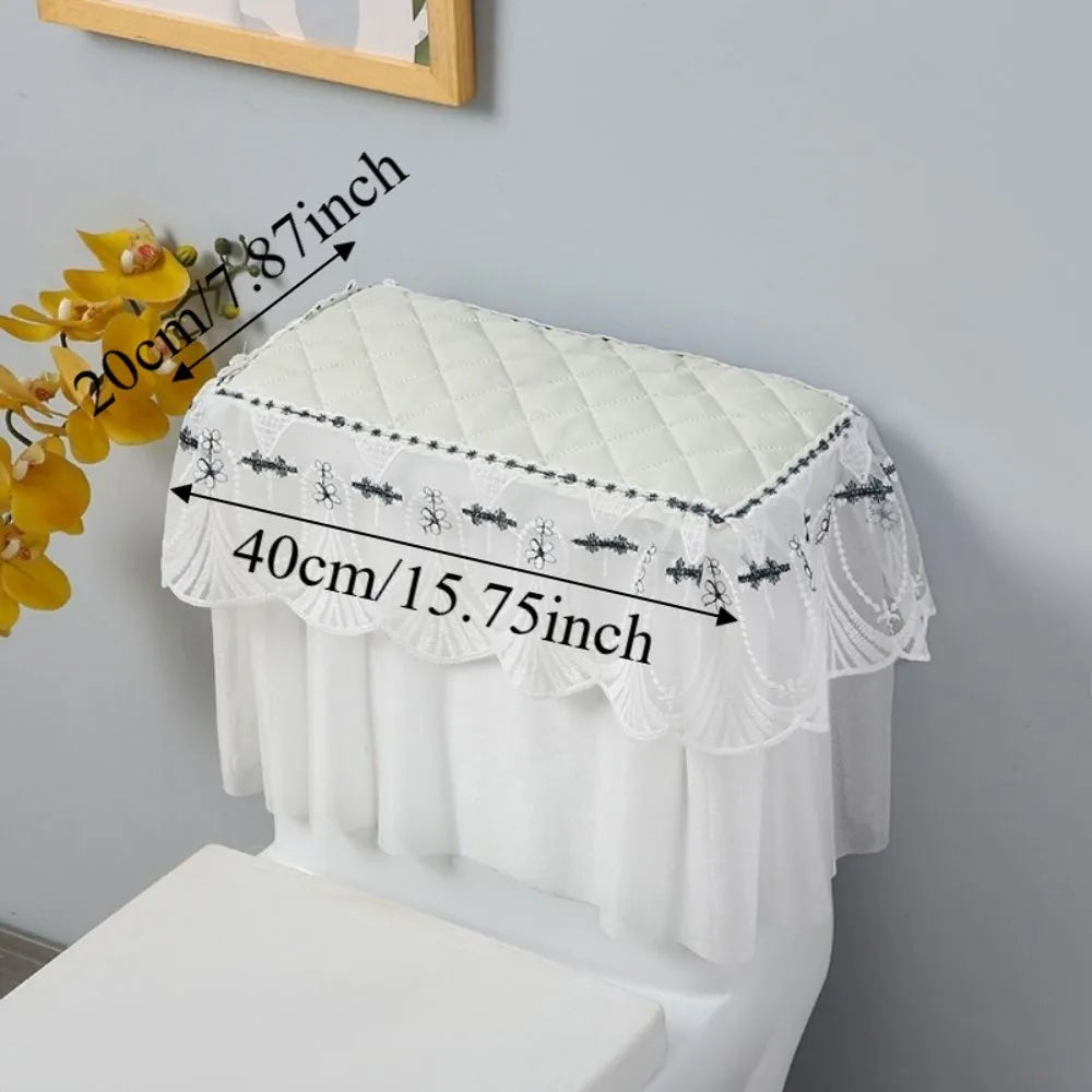 couvre seize toilette brodé bleu marine blanc élégant classique tissu épais plis franges