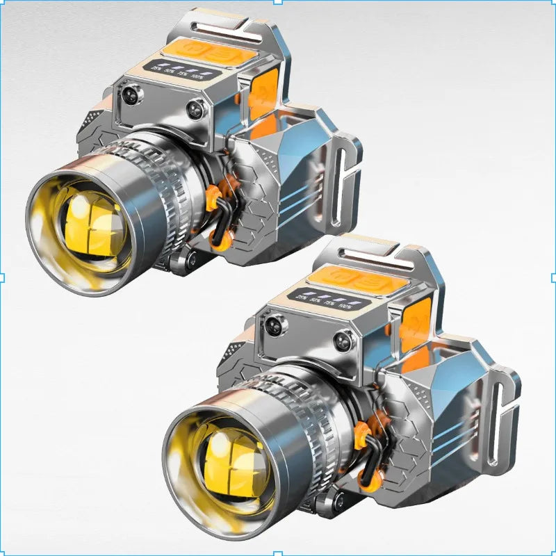 lampe frontale rechargeable led argent orange zoomable ceinture ajustable affichage numérique moderne technologiqueextérieur camping