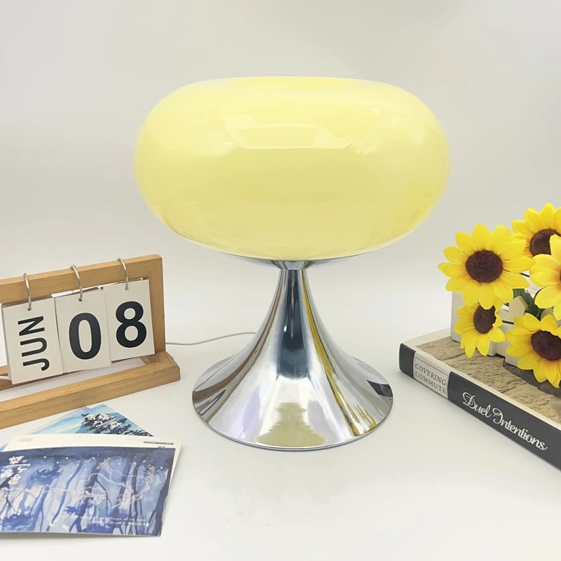 lampe table moderne verre opalescent couleurs vives vert orange rose jaune base métallique prise