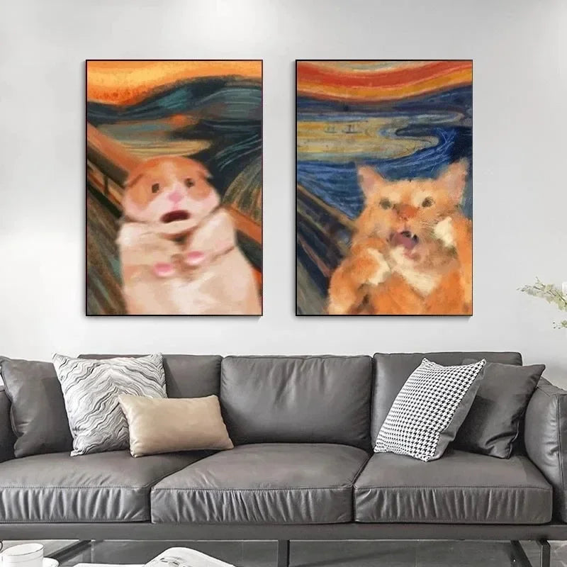 affiche moderne toile peinte huile chat hamster dessin animé orange beige bleu moderne pop