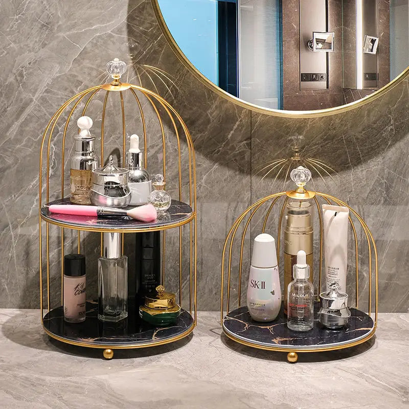 cage bijoux moderne or noir marbre élégante pinceau maquillage flacons cosmétiques diverse ornementalité respectueux