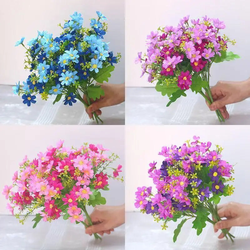 bouquet artificiel fleurs simples feuilles vertes moderne décoration intérieure opacité bleu rose jaune vert