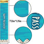 Cette image montre le produit Happy Passover, avec des motifs et des couleurs qui évoquent le thème de Pâques. La taille du produit est indiquée comme 72 pouces sur 13 pouces. L'image comprend également des éléments graphiques comme des montagnes et un soleil, créant une ambiance festive et printanière.