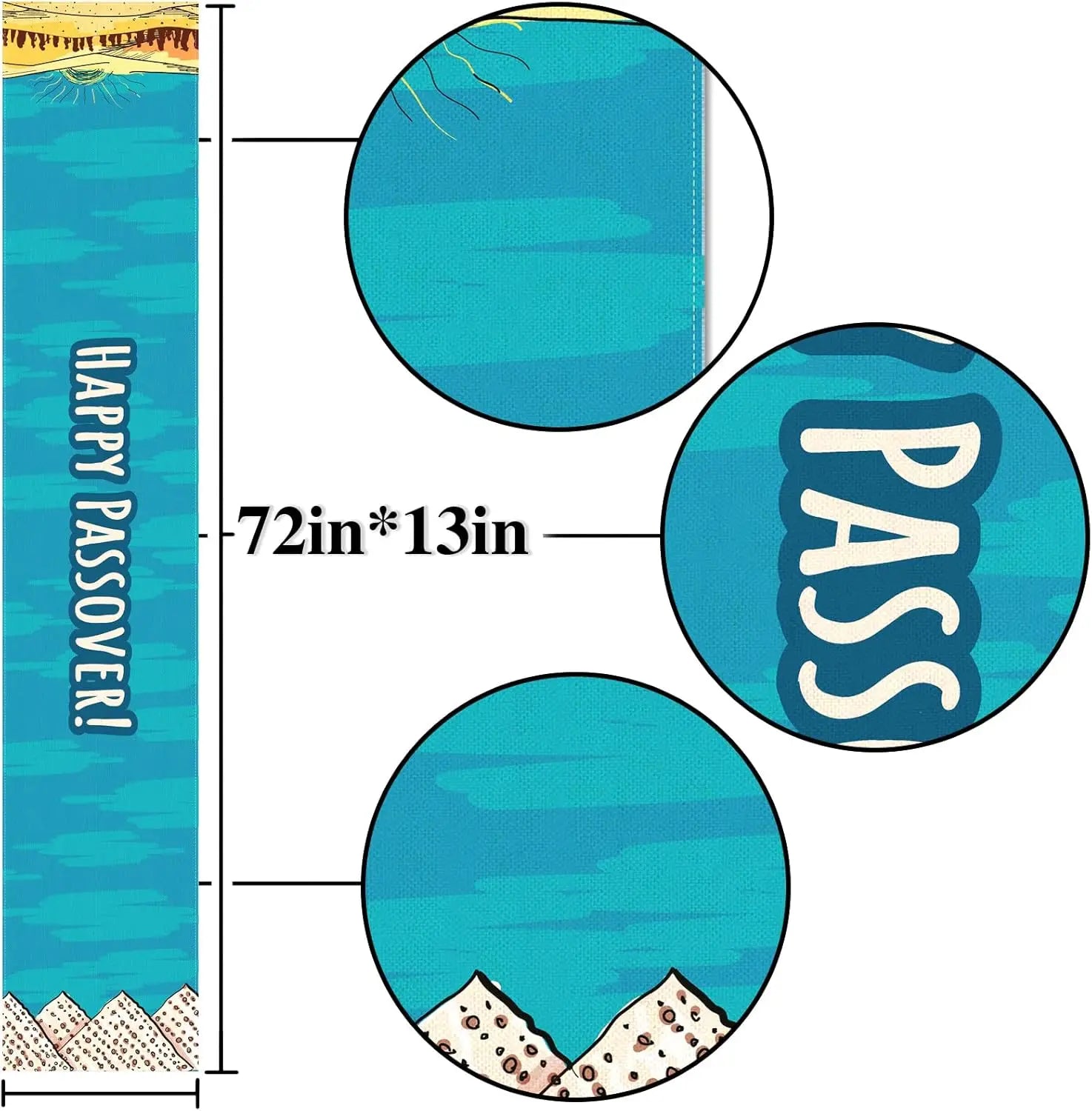Cette image montre le produit Happy Passover, avec des motifs et des couleurs qui évoquent le thème de Pâques. La taille du produit est indiquée comme 72 pouces sur 13 pouces. L'image comprend également des éléments graphiques comme des montagnes et un soleil, créant une ambiance festive et printanière.