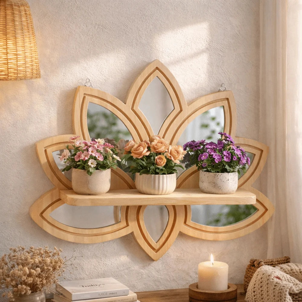étagère miroir étagère bois fleur lotus moderne naturel beige clips
