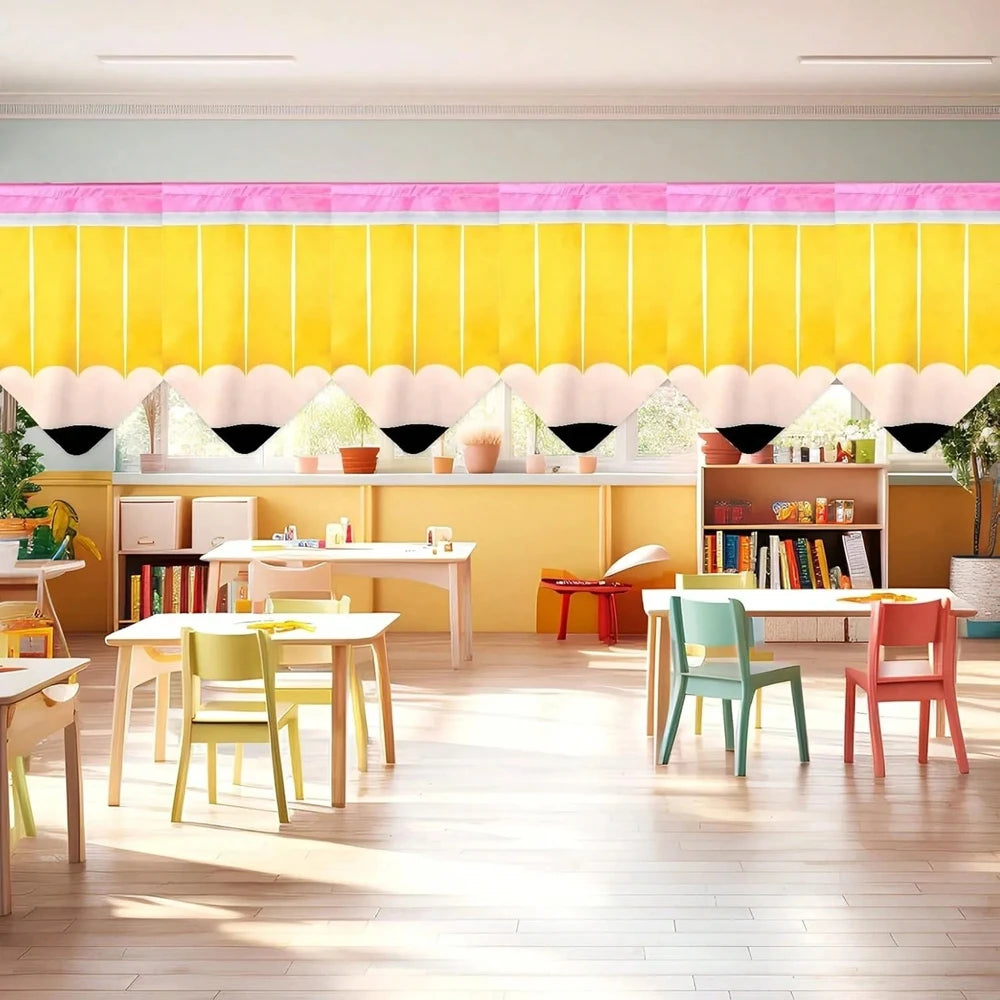 rideaux polyester crayon motif anniversaire retour école moderne enfantin jaune rose blanc