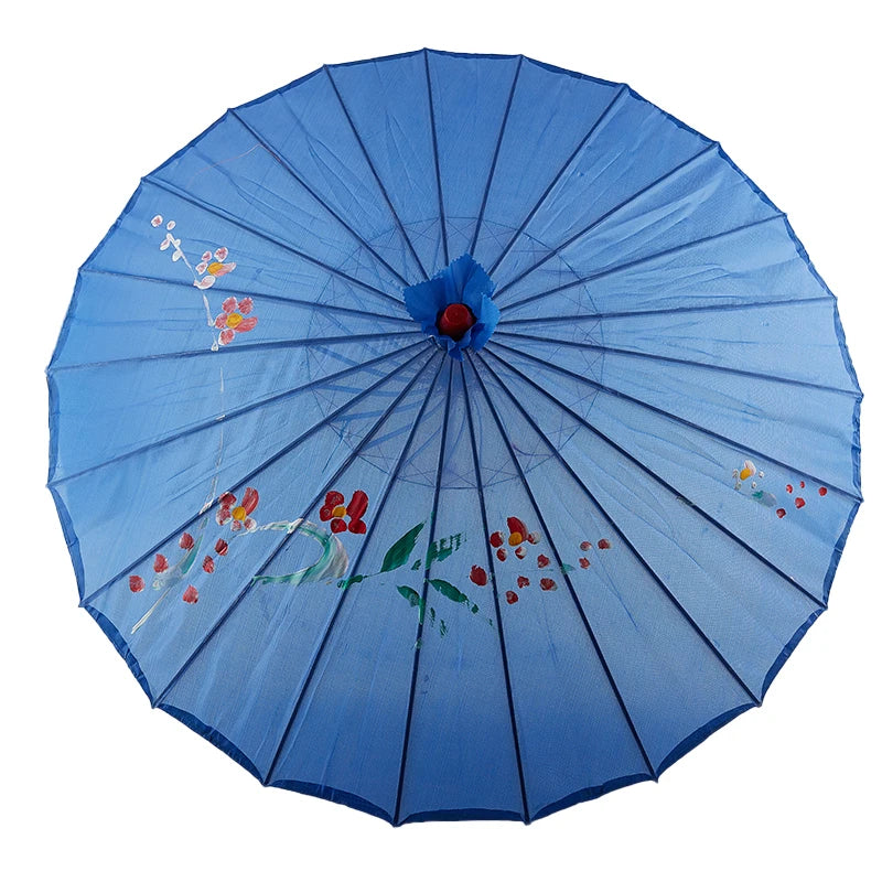 parapluie traditionnel artisanal japonais fleurs feuilles peintes main poignée bois rouge orange bleu violet