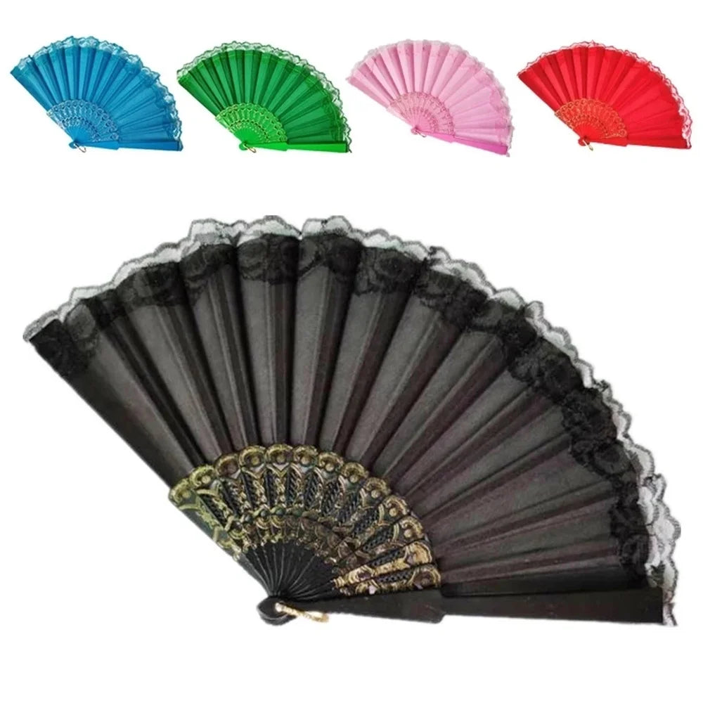éventail pliant soie dentelle violet bleu noir rose vert rouge classique élégant anneau métallique