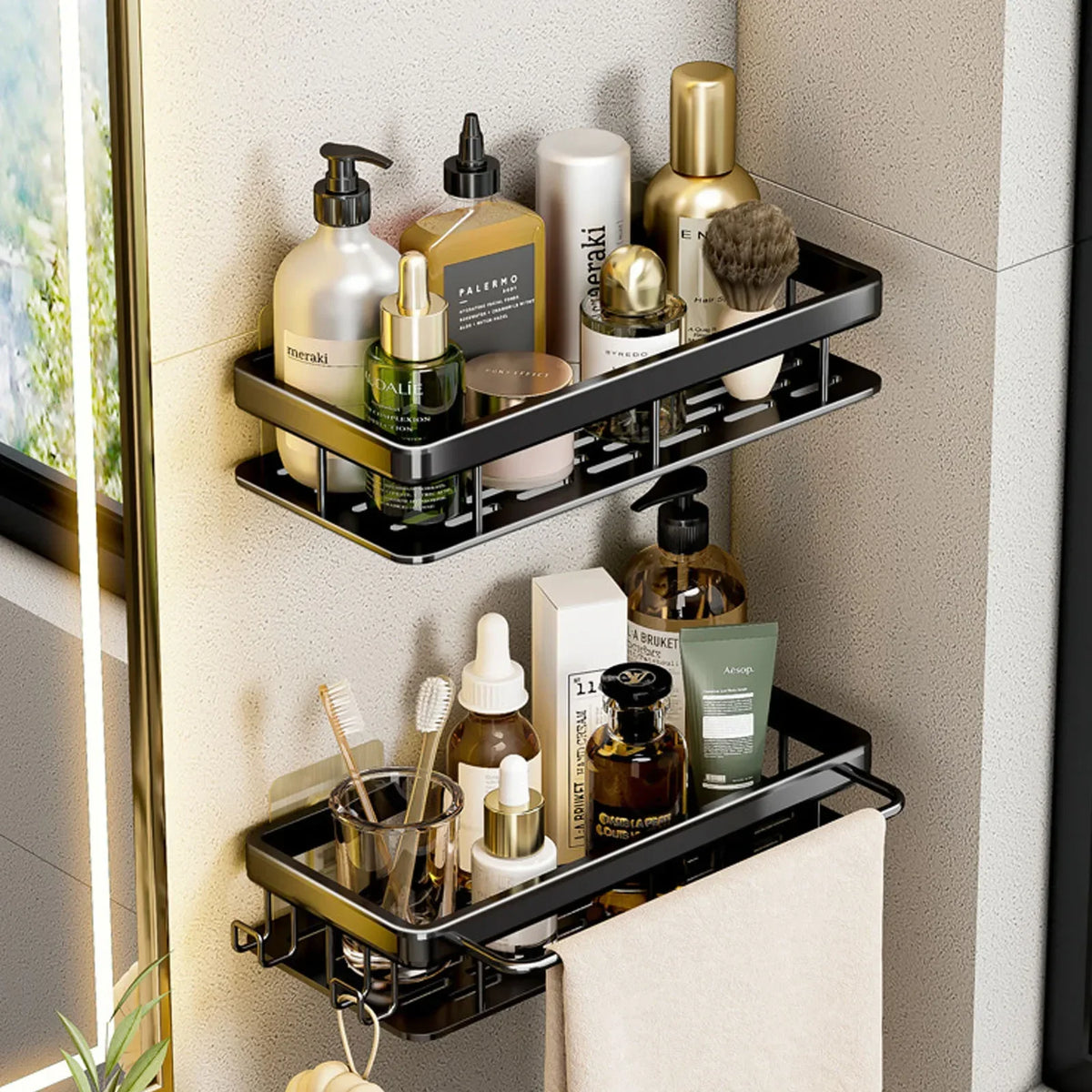 étagère murale aluminium noir contemporaine clips magnétiques rangement salle bain douche toilettes multifonctionnelle fixations