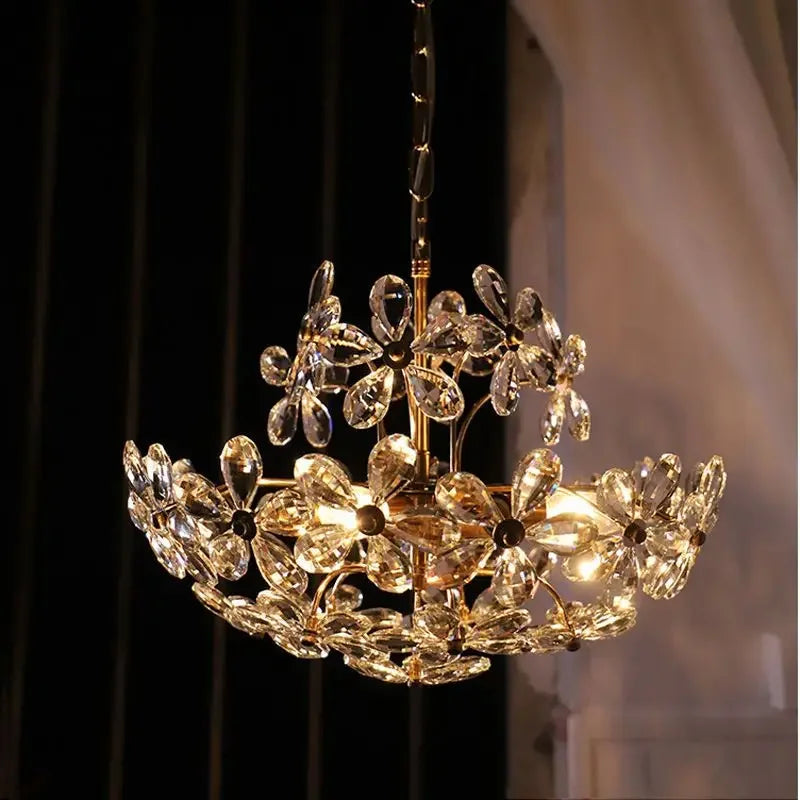 lustre suspendu cristal fleuri doré éclairage moderne chambre salon