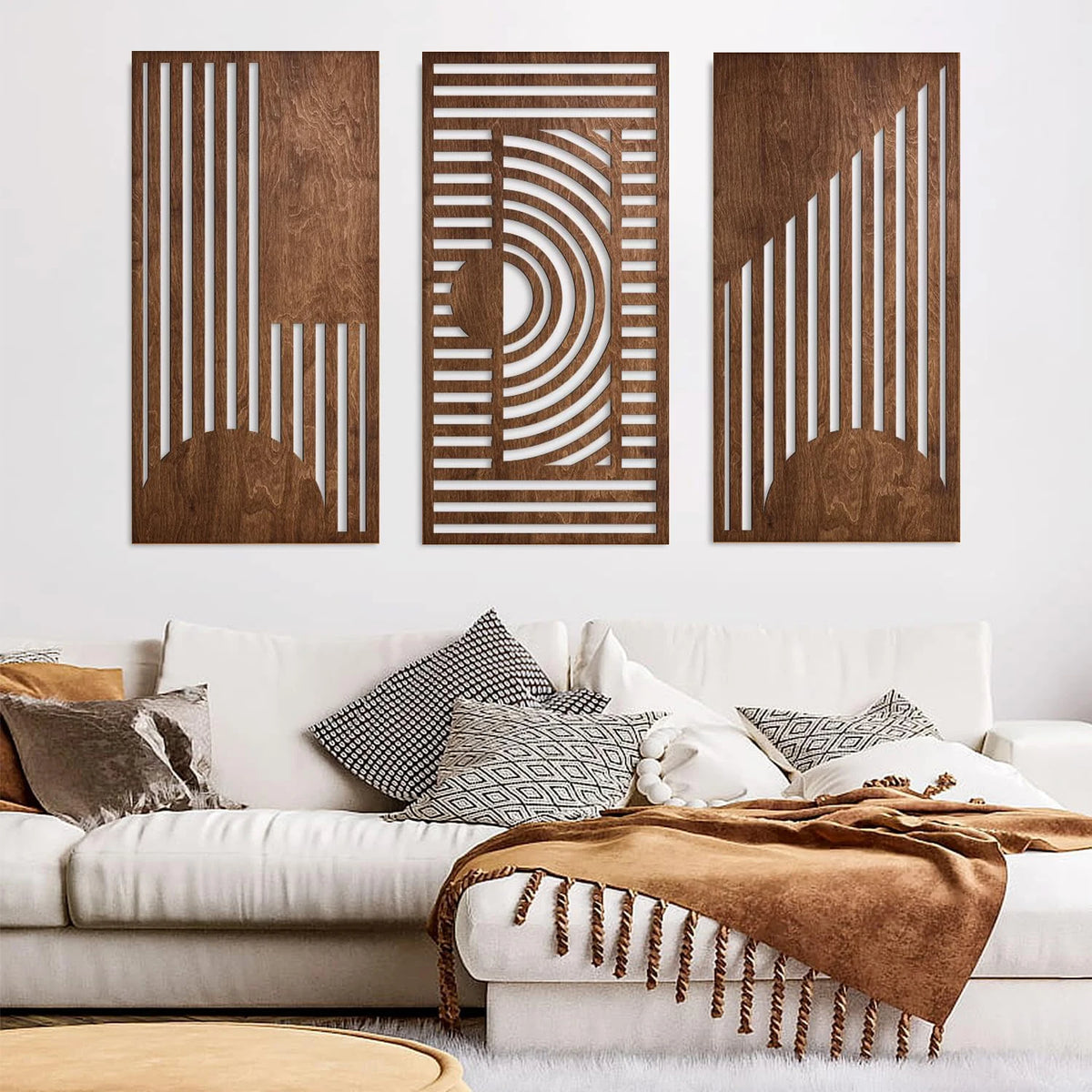 panneaux decoratifs bois geometriques moderne minimalistes abstraction artistique trois pieces murales